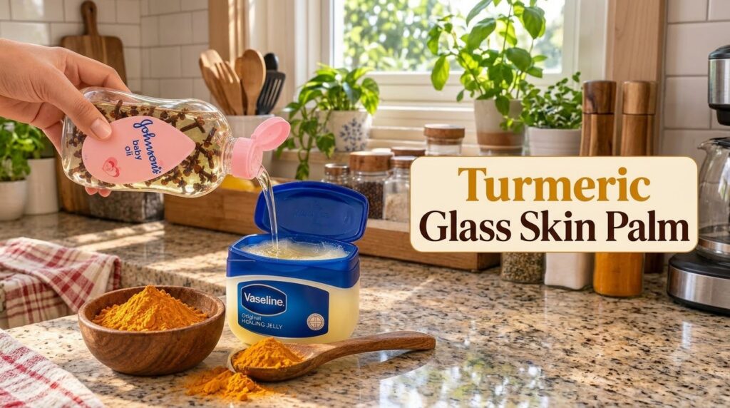 A hand pouring clove-infused Johnson s baby oil into a jar of Vaseline Original Healing Jelly A wooden bowl of turmeric