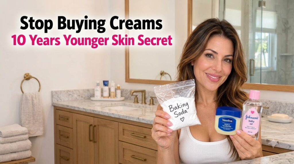 A smiling woman holding a bag of baking soda a jar of Vaseline and a bottle of baby oil against a blurred bathroom backg