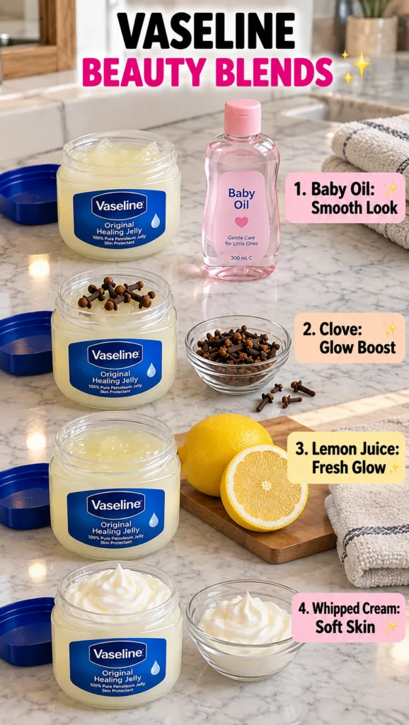 Four jars of Vaseline Original Healing Jelly each customized with different natural ingredients like baby oil cloves lem
