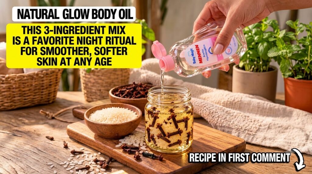 A hand pouring baby oil into a glass jar containing cloves and raw rice on a wooden surface with more ingredients in bow