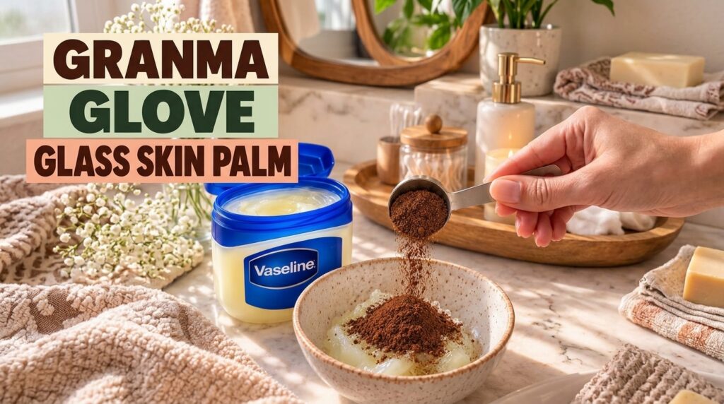 A hand mixing Vaseline and a dark granular substance like coffee grounds or sugar in a small bowl with a large tub of Va
