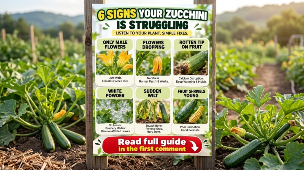 An infographic titled 6 SIGNS YOUR ZUCCHINI IS STRUGGLING showing six visual examples of common zucchini plant issues li