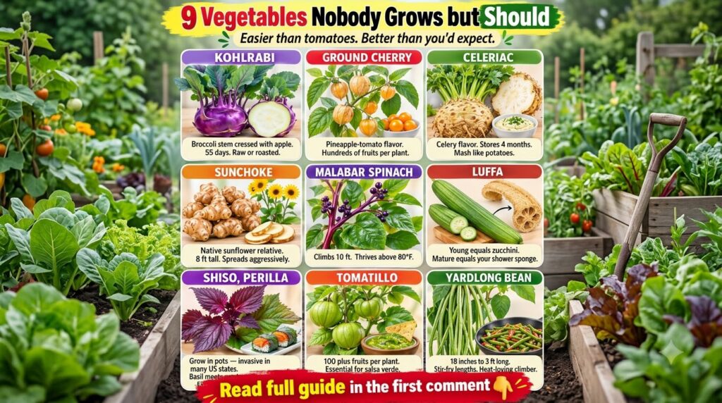 An infographic showing 9 different unique vegetables each with a picture and a short description The overall layout is a