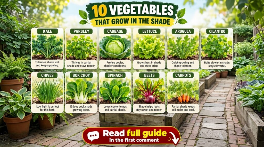 An infographic titled 10 Vegetables That Grow in the Shade showcasing a grid of various vegetable photos like Kale Parsl