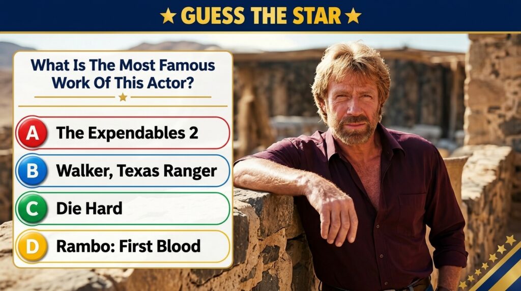 A mobile quiz game interface featuring Chuck Norris asking to identify his most famous work from multiple-choice options