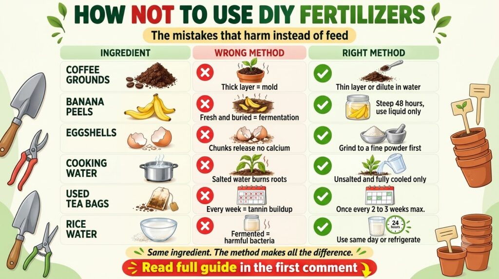 An infographic titled How Not to Use DIY Fertilizers showing a grid with Wrong Method and Right Method columns Each row
