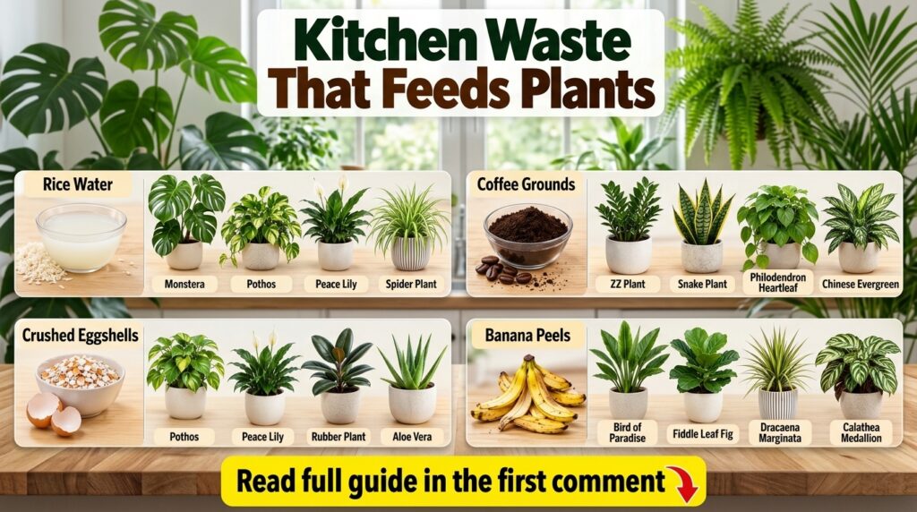 An infographic showing different kitchen waste items like rice water coffee grounds eggshells and banana peels with illu