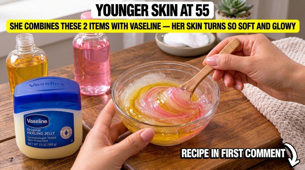Close-up of a glass bowl with a yellow and pink gel-like substance being mixed with a wooden spoon with a jar of Vaselin