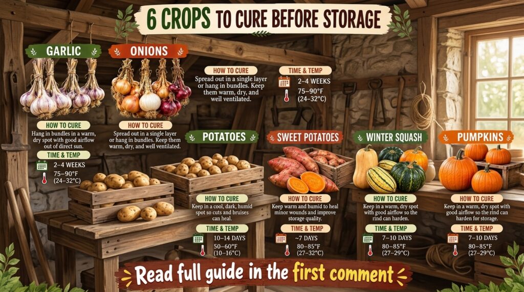 An infographic illustrating the curing process for various root vegetables and gourds like garlic potatoes onions and sq