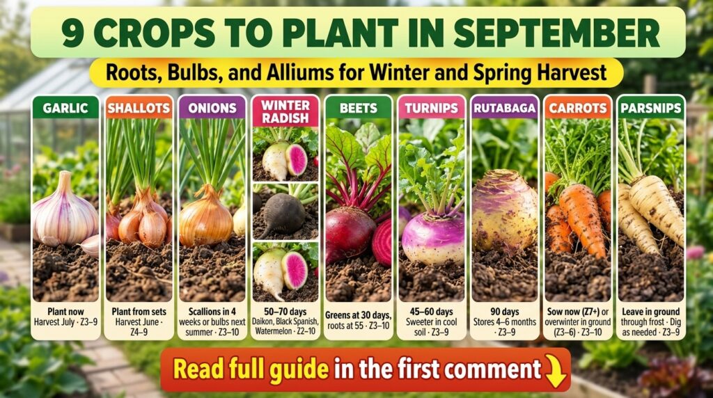 A vibrant grid showcasing nine different root vegetables bulbs and alliums each in a separate panel against a backdrop o