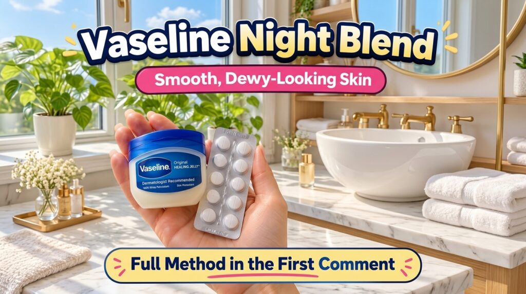 A pair of hands holding a jar of Vaseline Original Healing Jelly and a blister pack of white pills set against a bright