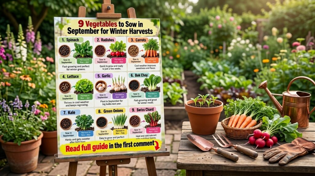 An infographic illustrating 9 vegetables to sow in September for winter harvests featuring seeds mature plants and text 