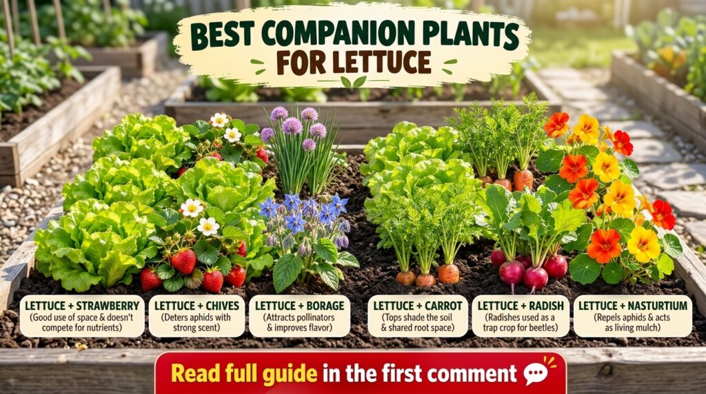 An infographic grid showing six companion planting combinations for lettuce featuring lettuce paired with strawberries c