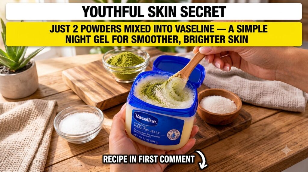 Close-up top-down view of hands mixing green tea powder and rice powder into a jar of Vaseline with a wooden spoon