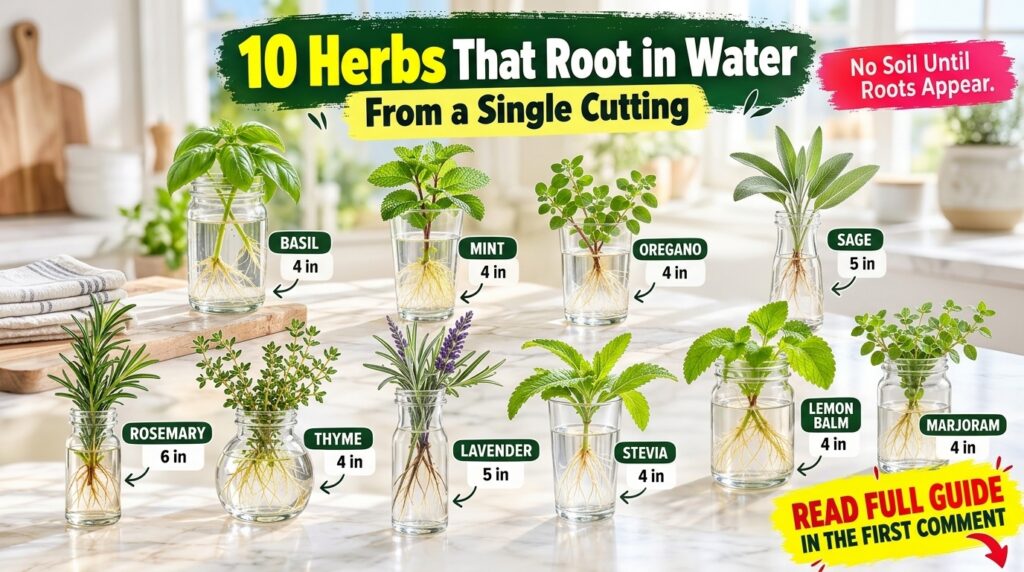 Ten different herbs basil mint oregano sage rosemary thyme lavender stevia lemon balm marjoram in clear glass containers