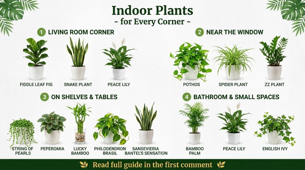 An infographic showing different indoor plants categorized by ideal placement in a home living room corners near windows