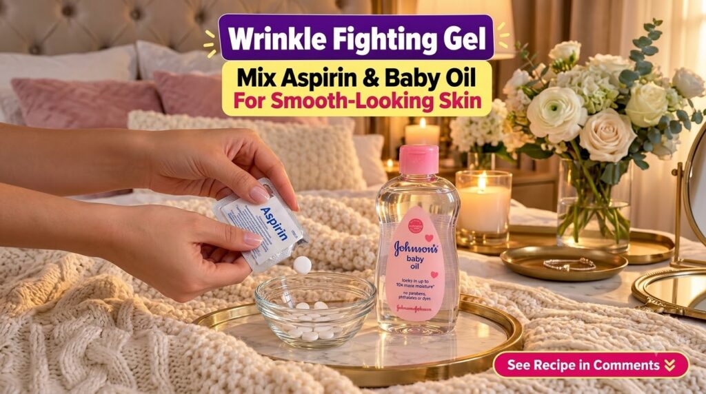 Hands holding an aspirin blister pack over a glass bowl with white tablets next to a bottle of Johnson s baby oil on a m