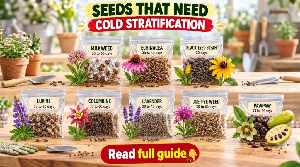 A grid of nine transparent bags each containing different plant seeds like Milkweed Echinacea Lavender Pawpaw and labele