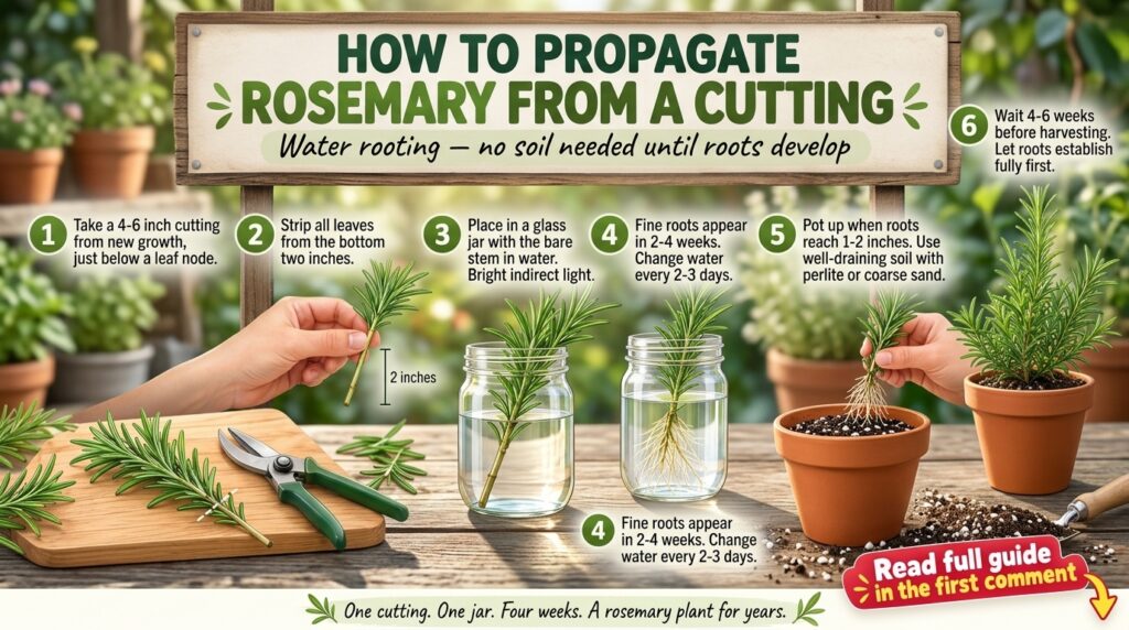An infographic showing a six-step guide on how to propagate rosemary from a cutting using water rooting It features illu