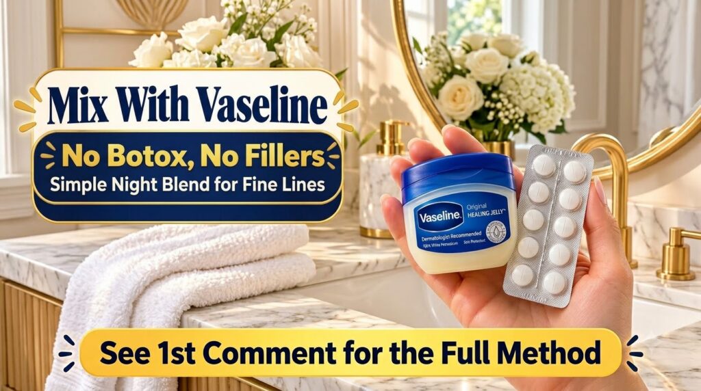 A hand holding a small tub of Vaseline Healing Jelly and a blister pack of white vitamin E pills with a soft-focus bathr