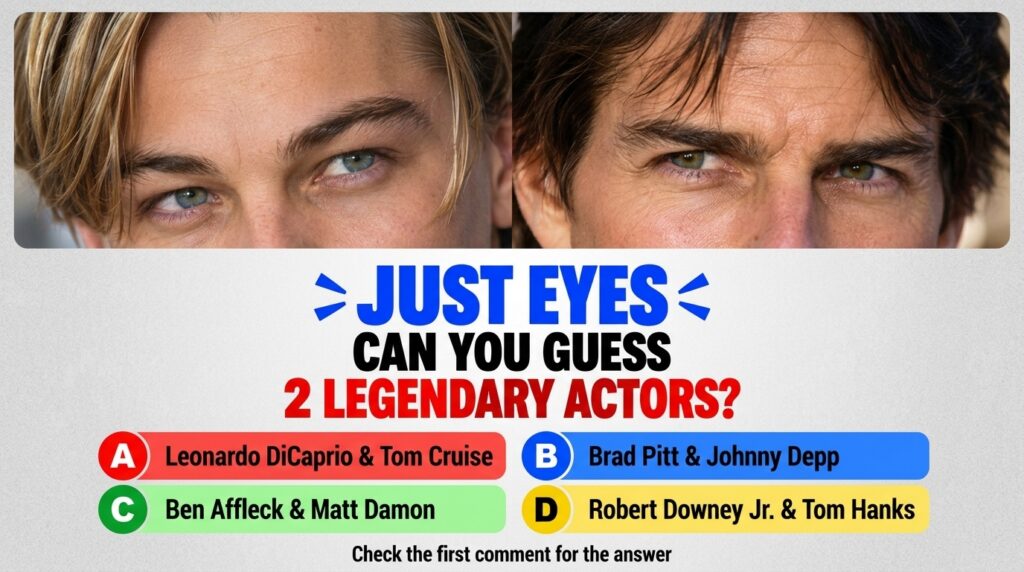 A social media quiz card showing two cropped close-ups of celebrity eyes one blonde one dark-haired with the headline JU