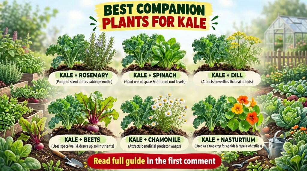 A clear informative graphic showcasing six different companion planting pairs with kale as the central crop Each pair fe