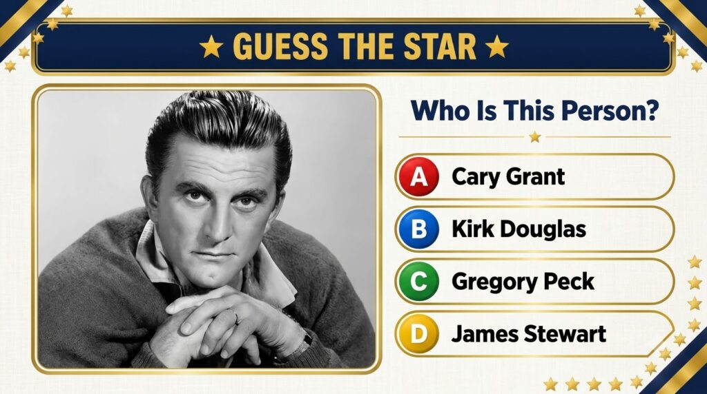 A Guess The Star quiz interface featuring a black and white portrait of Kirk Douglas with multiple-choice options below