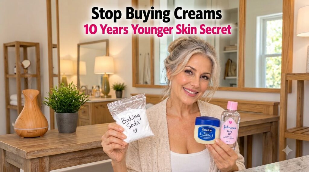 A smiling middle-aged woman holding baking soda Vaseline and baby oil with a blurred home background
