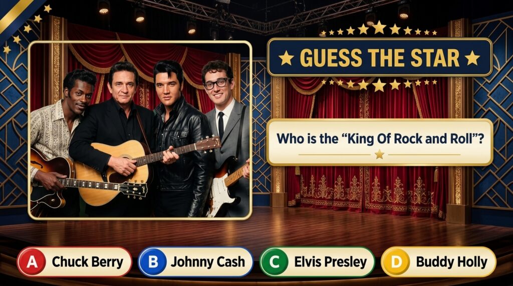 Four legendary rock and roll musicians Chuck Berry Johnny Cash Elvis Presley Buddy Holly posing together with their guit