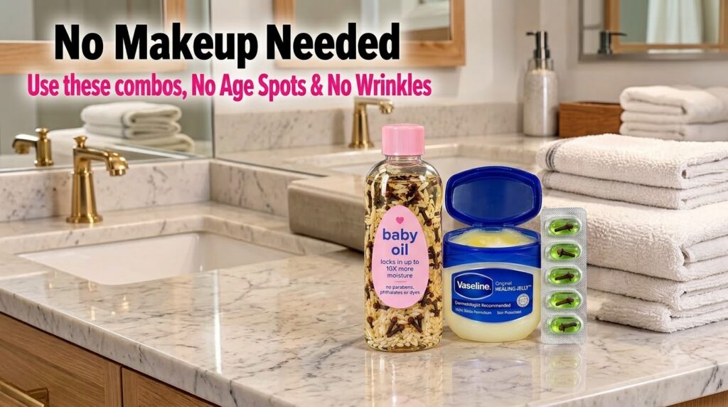 A collection of natural anti-aging ingredients on a bathroom counter a bottle of baby oil with rice grains and cloves an