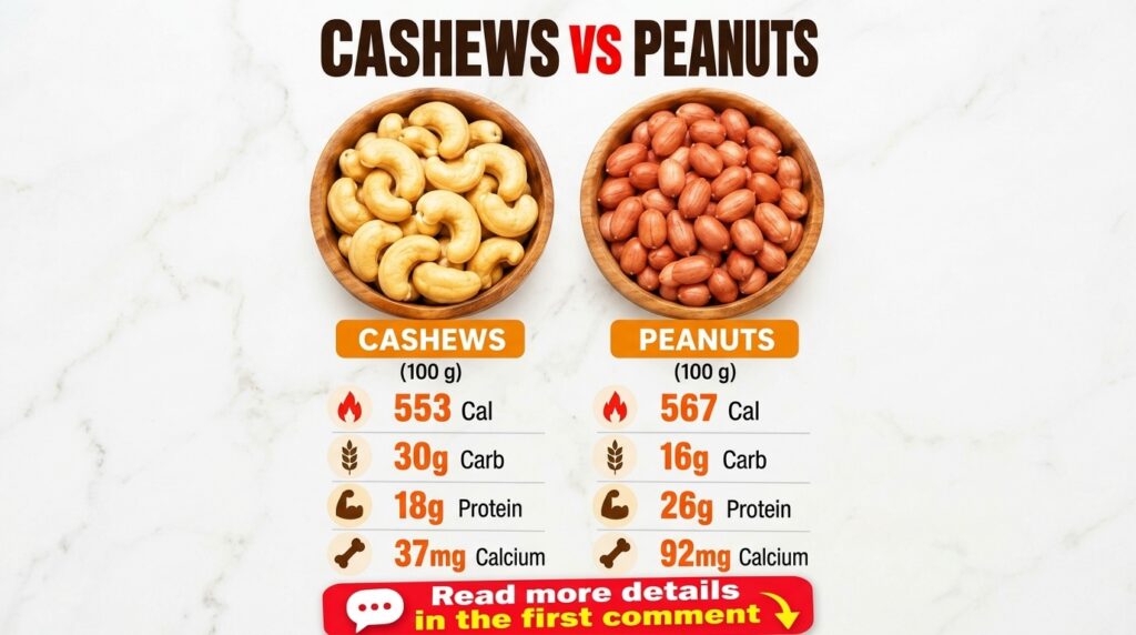 An infographic comparing the nutritional values of cashews and peanuts featuring two wooden bowls one with cashews one w