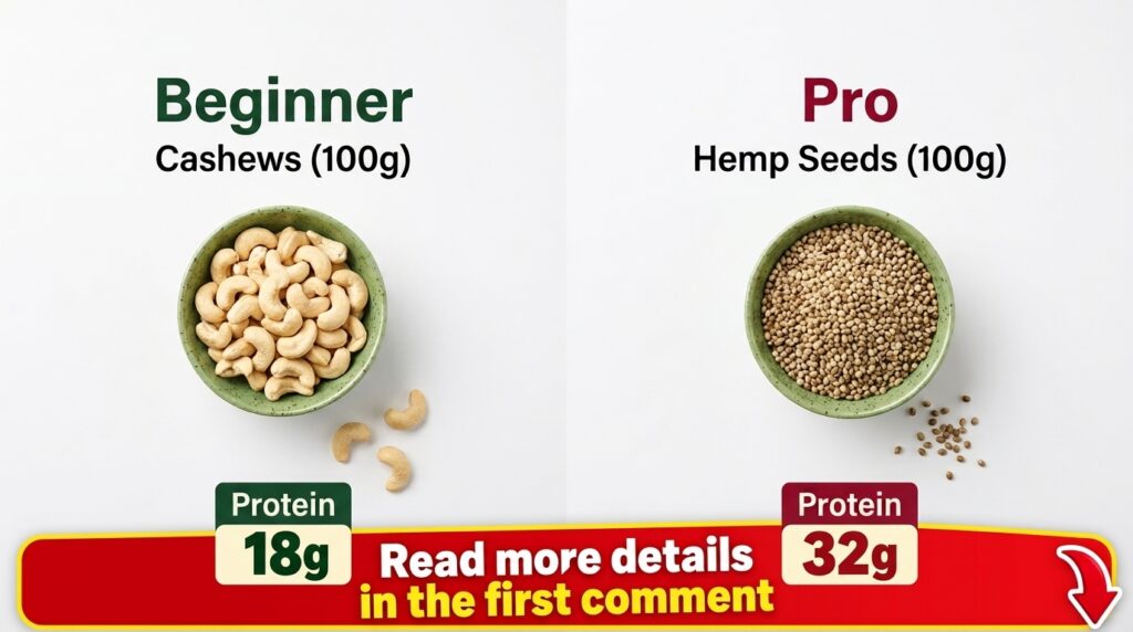 A side-by-side comparison of cashews and hemp seeds each in a small bowl The cashews bowl is labeled Beginner with 18g P