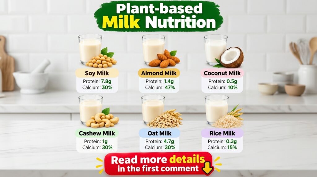 An infographic comparing the nutritional content of six plant-based milks Soy Almond Coconut Cashew Oat and Rice Each mi