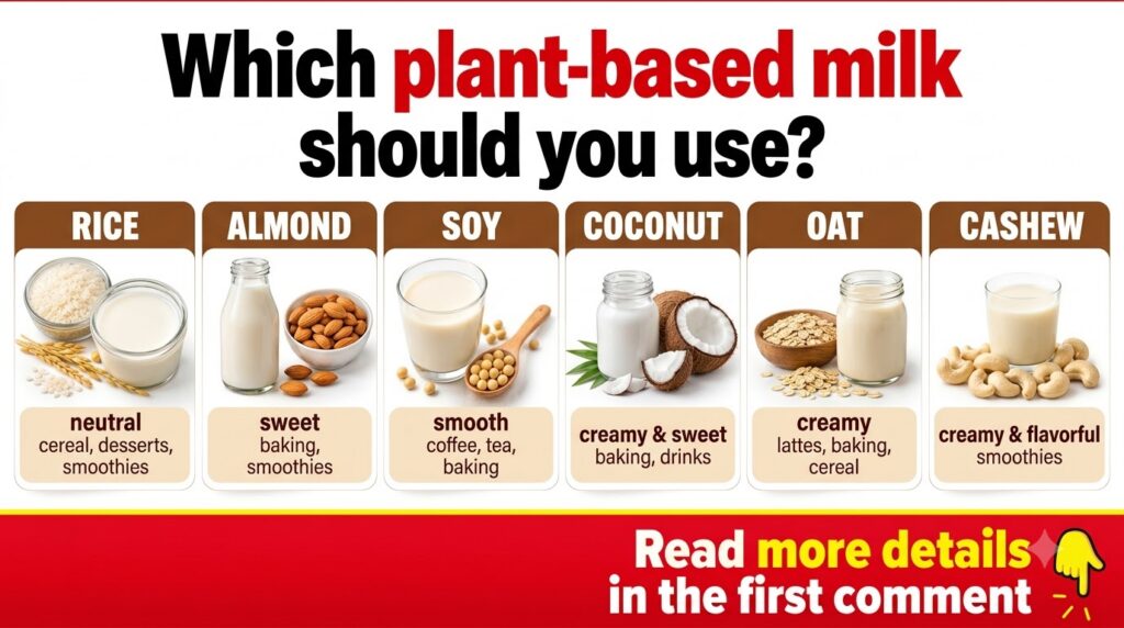 An infographic showing six types of plant-based milk Rice Almond Soy Coconut Oat and Cashew Each milk type is shown in a