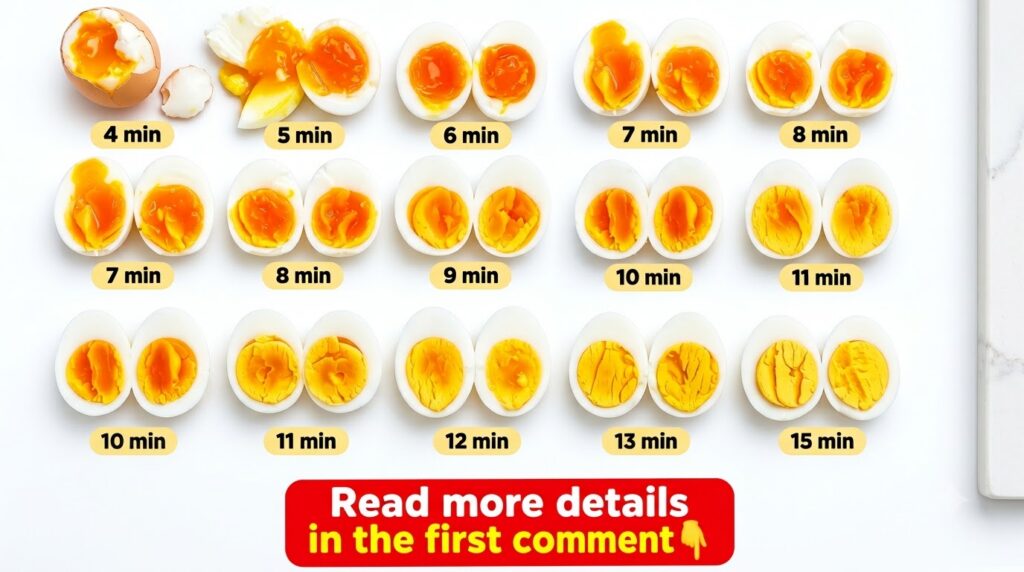 A visual guide showing 12 pairs of halved boiled eggs arranged in a grid illustrating different stages of doneness from 