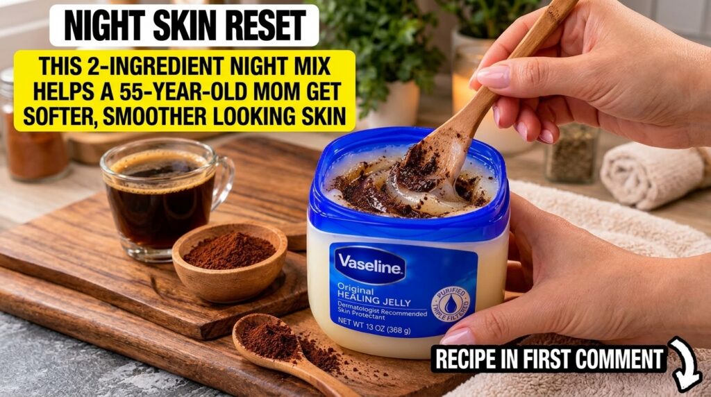 A woman s hand mixing Vaseline and coffee grounds in a tub with a wooden spoon with cocoa powder in a small bowl nearby