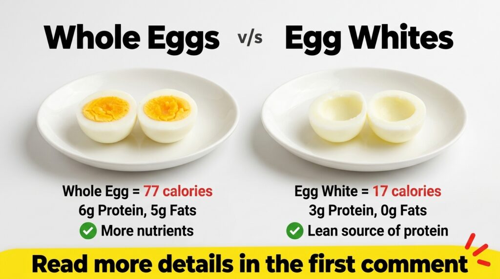 A split-screen comparison of whole hard-boiled eggs on one side and hard-boiled egg whites on the other both on white pl