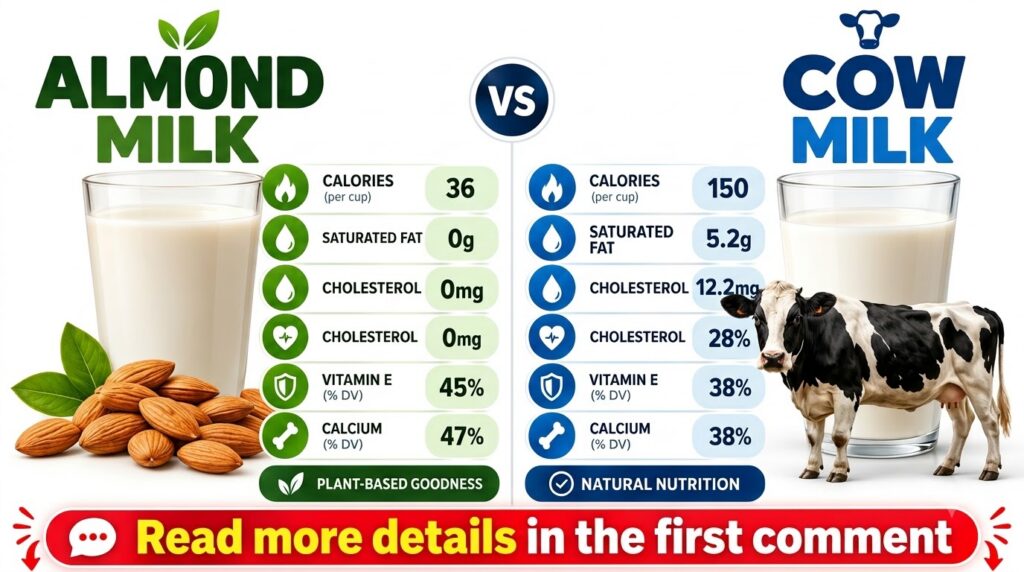 A comparative infographic detailing the nutritional differences between almond milk and cow milk On the left a glass of 