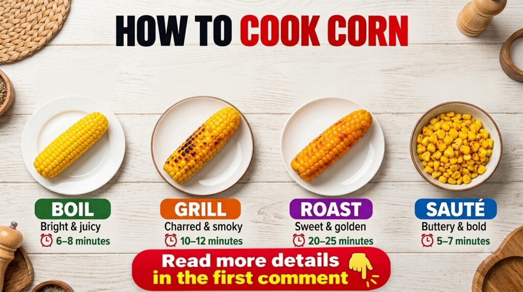 An infographic showing four different methods for cooking corn Boil Grill Roast and Sauté Each method has a small icon a