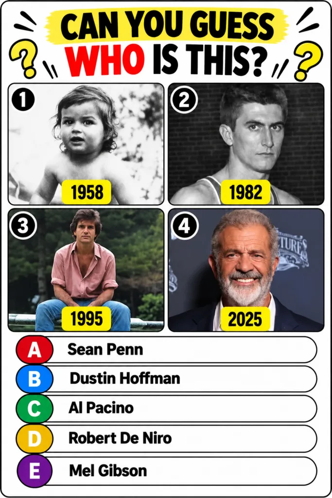 A Guess Who quiz graphic showing four portraits of Tom Hanks at different ages child 1958 young adult 1982 B W adult 199