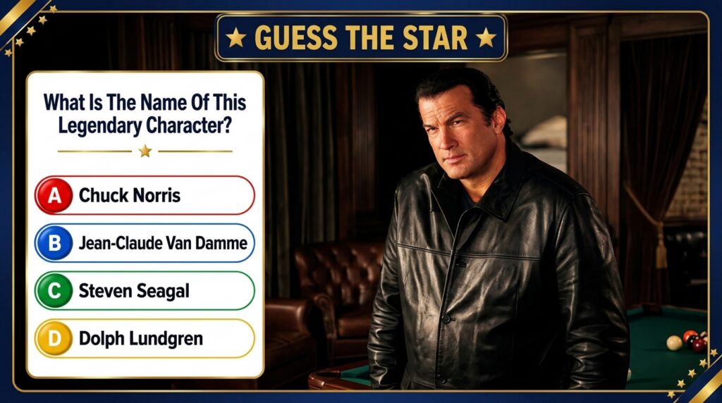 A Guess The Star quiz layout with a portrait of Steven Seagal looking serious in a dark leather jacket with multiple-cho