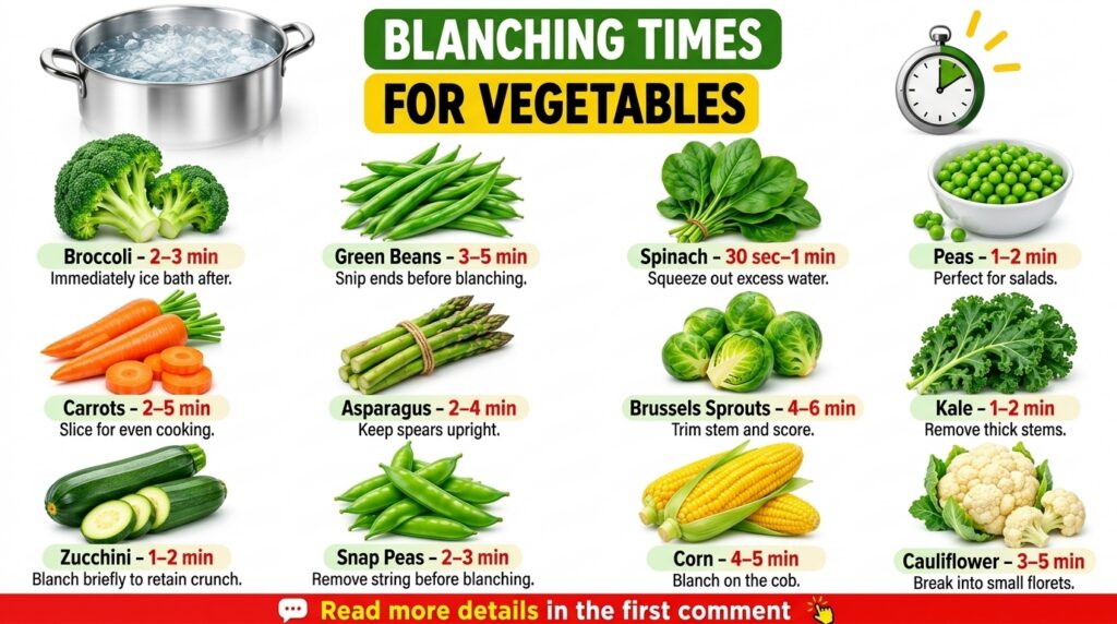 An infographic showing blanching times for various vegetables with illustrations of each vegetable a pot of boiling wate