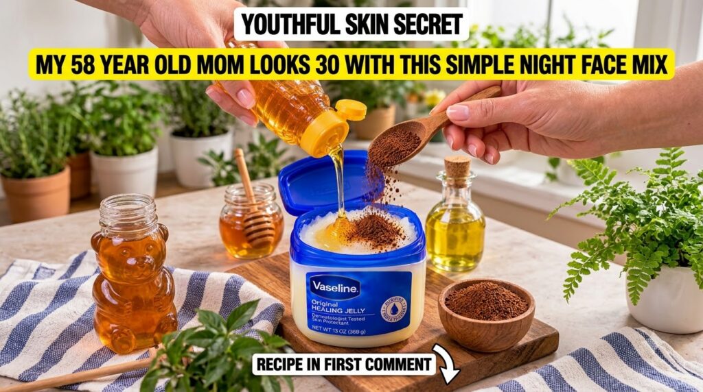 Hands mixing Vaseline honey and cocoa powder in a small bowl with olive oil nearby The focus is on the mixing process to