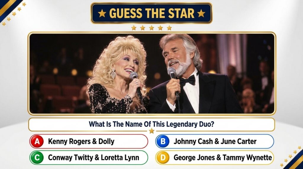A Guess The Star quiz card featuring Dolly Parton and Kenny Rogers performing together on stage smiling and holding micr