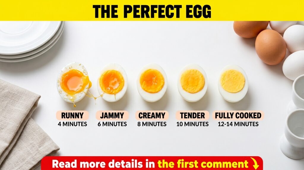 Five halved boiled eggs each showing a different yolk consistency from runny to firm arranged vertically with labels ind