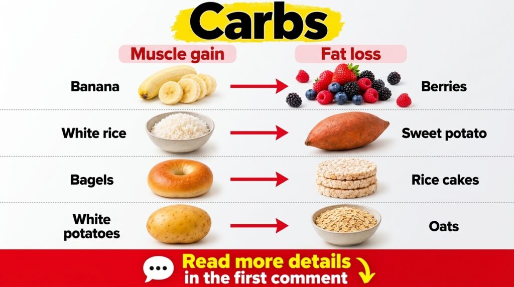 A variety of healthy complex carbohydrates like oats sweet potatoes whole grain bread and quinoa in separate bowls with 