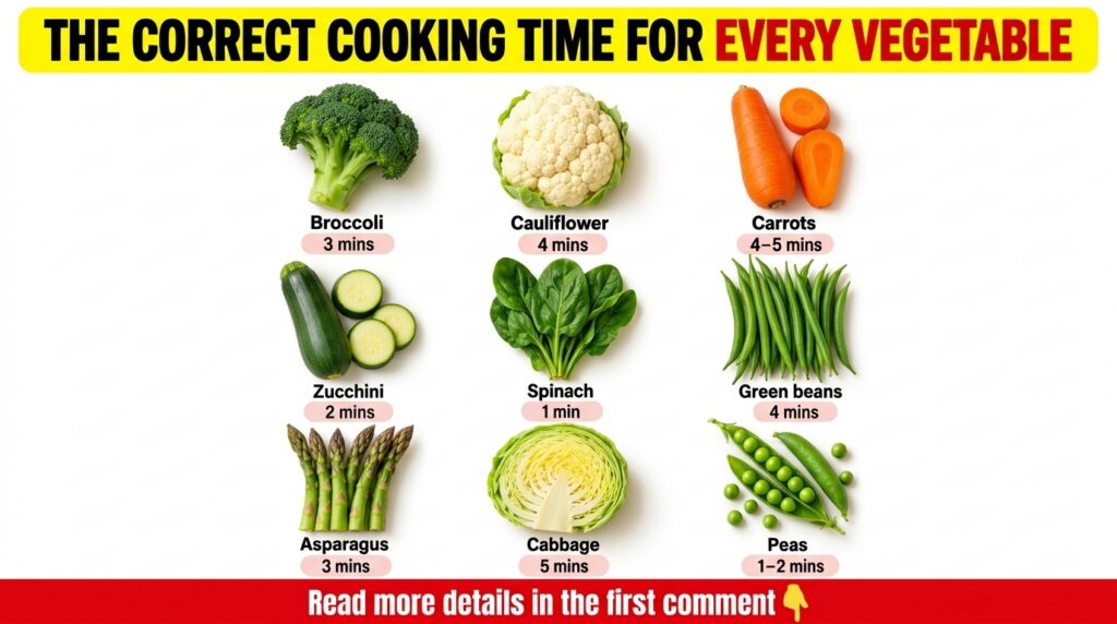 Infographic displaying nine different fresh vegetables broccoli cauliflower carrots zucchini spinach green beans asparag