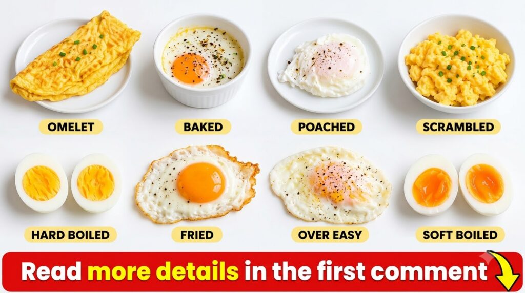 A grid layout of eight different egg preparations each labeled Omelet Baked Poached Scrambled Hard Boiled Fried Over Eas