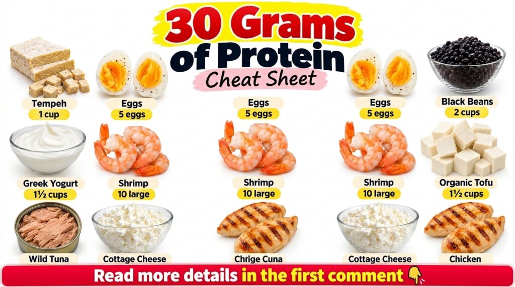 Infographic titled 30 Grams of Protein Cheat Sheet showing nine different protein sources with quantities for 30g protei