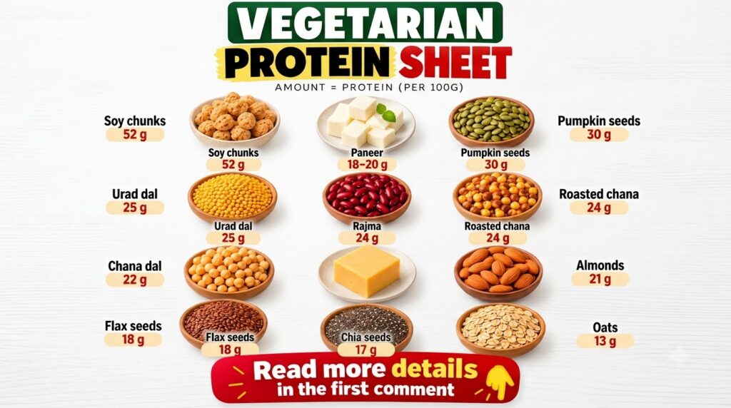 An infographic-style vegetarian protein sheet with 12 different food items like soy chunks paneer lentils chickpeas oats